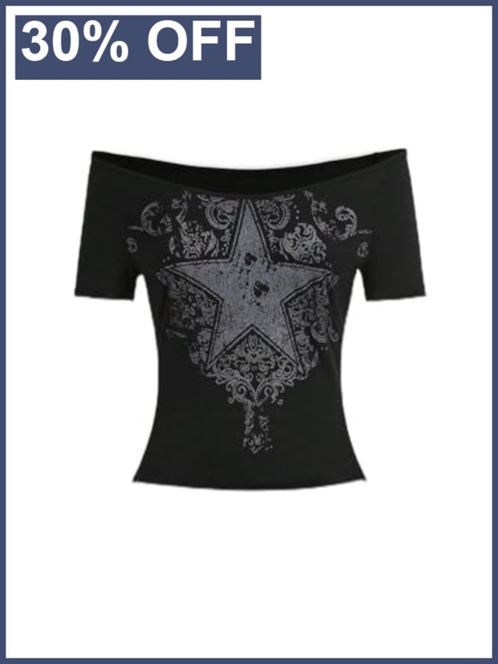 Y2K Gothic Off Shoulder Star Print Crop Tee Short Sleeve Streetwear